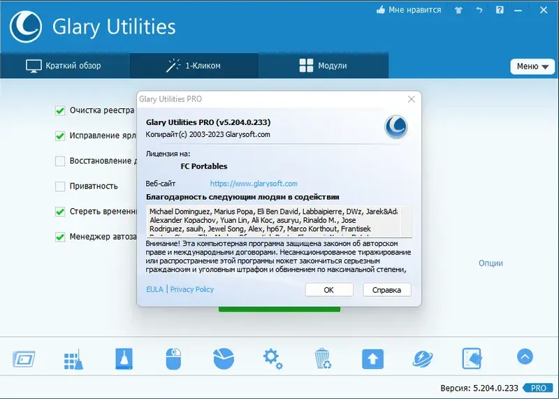 Пользовательсткй интерфейс Glary Utilities Pro 5.204.0.233 Portable by FC Portables [Multi Ru]