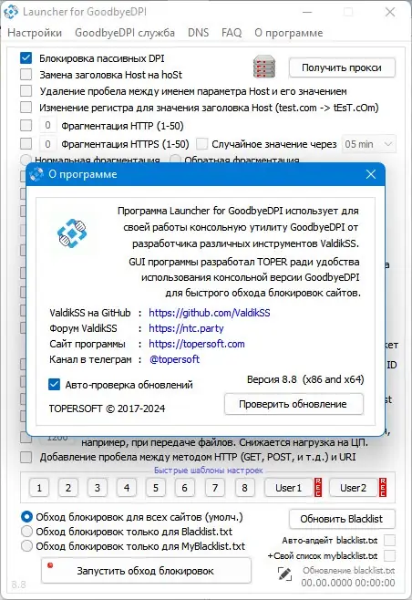 Пользовательсткй интерфейс GoodbyeDPI 0.2.3rc3 Launcher 8.8 [Ru En]