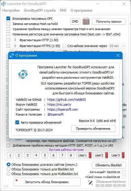 Пользовательсткй интерфейс GoodbyeDPI 0.2.3rc3 Launcher 9.6 [Ru En]