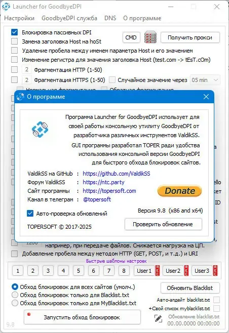 Пользовательсткй интерфейс GoodbyeDPI 0.2.3rc3 Launcher 9.8 [Ru En]