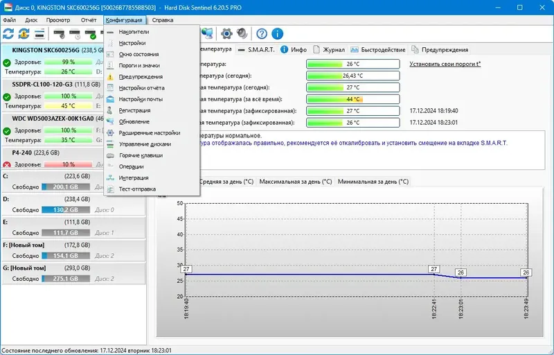 Пользовательсткй интерфейс Hard Disk Sentinel PRO 6.20.5 Build 13190 Beta [Multi Ru]