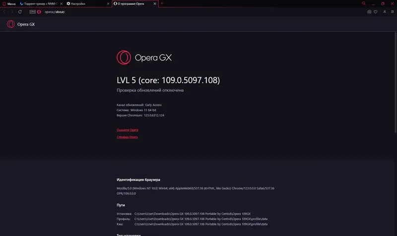 Пользовательсткй интерфейс Opera GX 109.0.5097.108 Portable by Cento8 [Ru En]