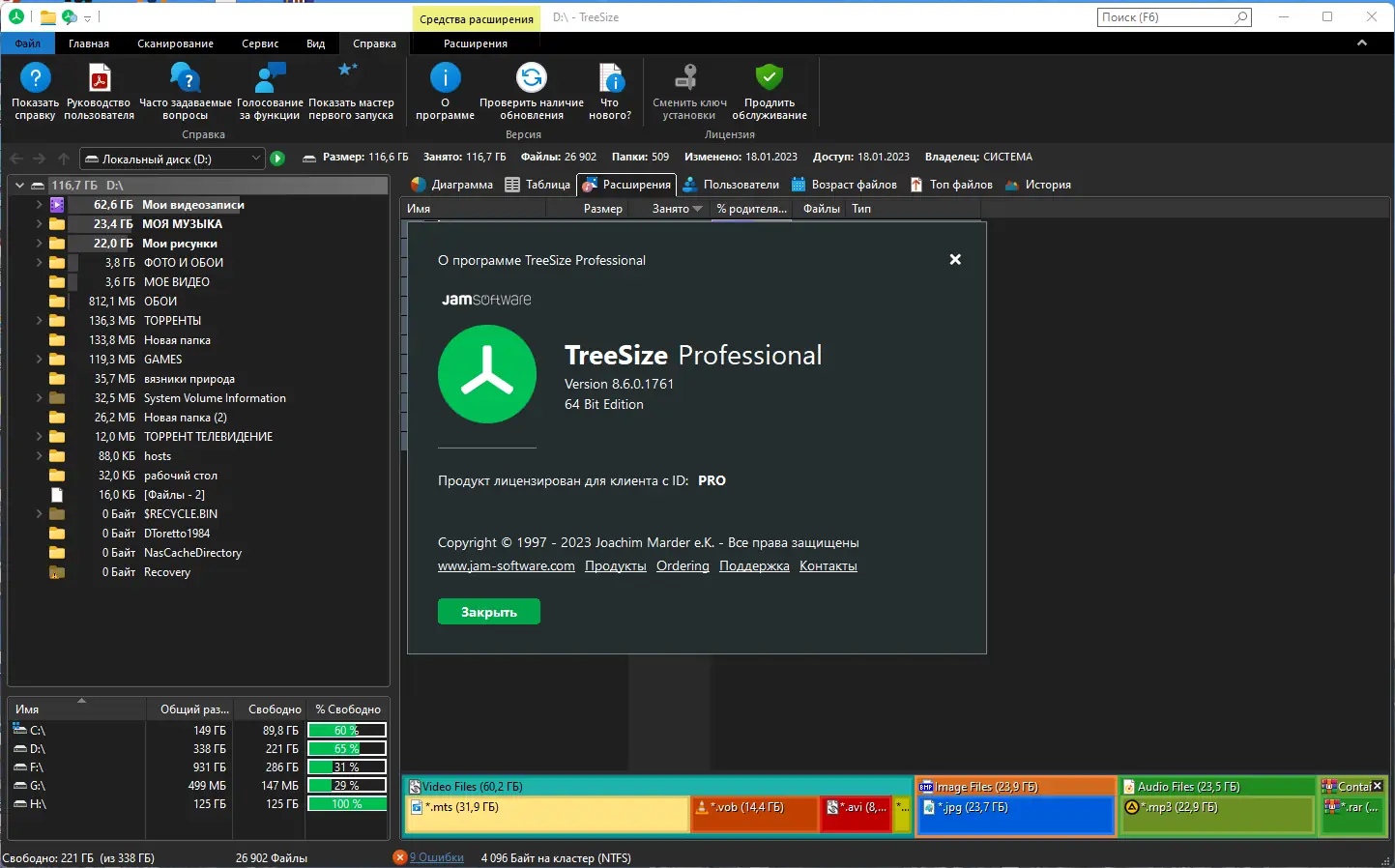 Пользовательсткй интерфейс TreeSize Professional 8.6.0.1761 (x64) Portable by FC Portables [Multi Ru]