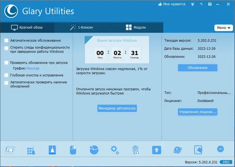 Программный интерфейс Glary Utilities Pro 5.202.0.231 RePack (& Portable) by Dodakaedr [Multi Ru]