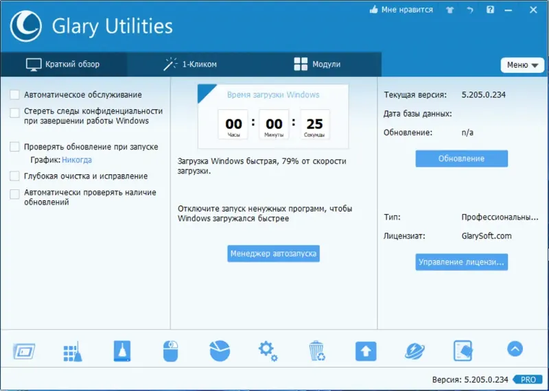 Программный интерфейс Glary Utilities Pro 5.205.0.234 RePack (& Portable) by TryRooM [Multi Ru]