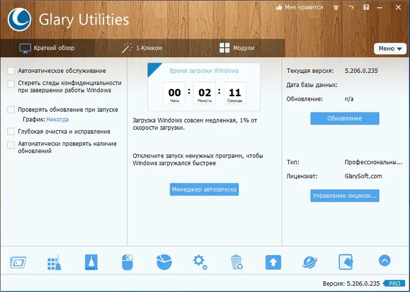 Программный интерфейс Glary Utilities Pro 5.206.0.235 RePack (& Portable) by TryRooM [Multi Ru]