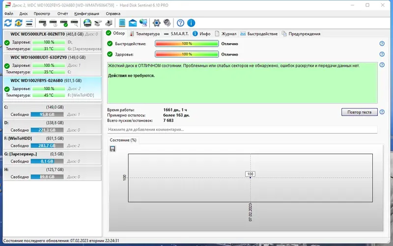 Программный интерфейс Hard Disk Sentinel Pro 6.10 Build 12918 RePack (& Portable) by KpoJIuK [Multi Ru]