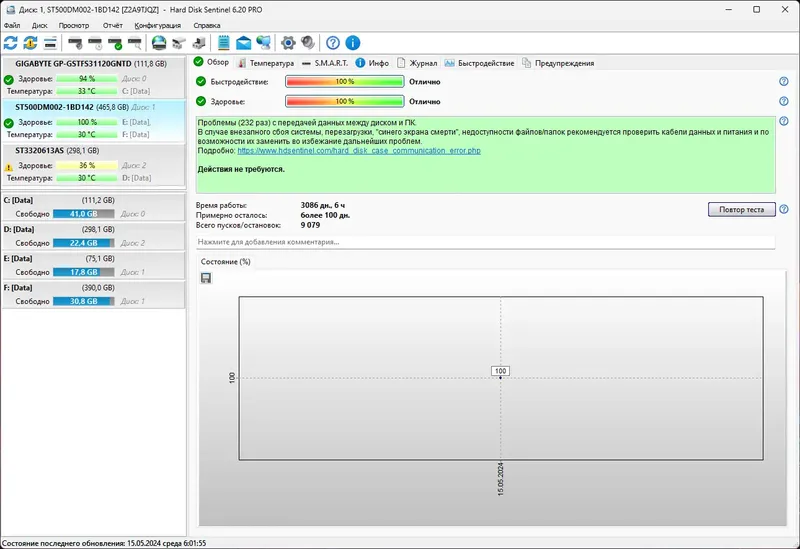 Программный интерфейс Hard Disk Sentinel Pro 6.20 Build 13190 RePack (& Portable) by elchupacabra (14.05.2024) [Multi Ru]