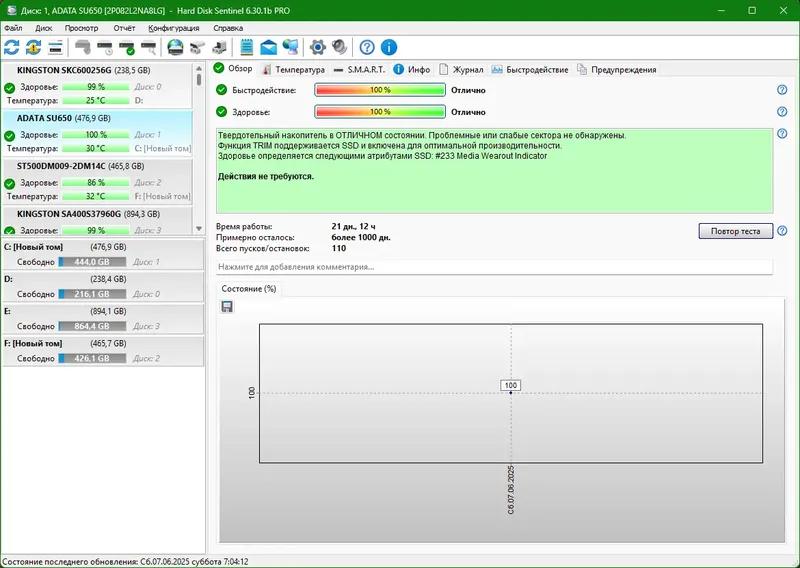 Программный интерфейс Hard Disk Sentinel PRO 6.30.1 Build 13402 Beta RePack (& Portable) by elchupacabra [Multi Ru]