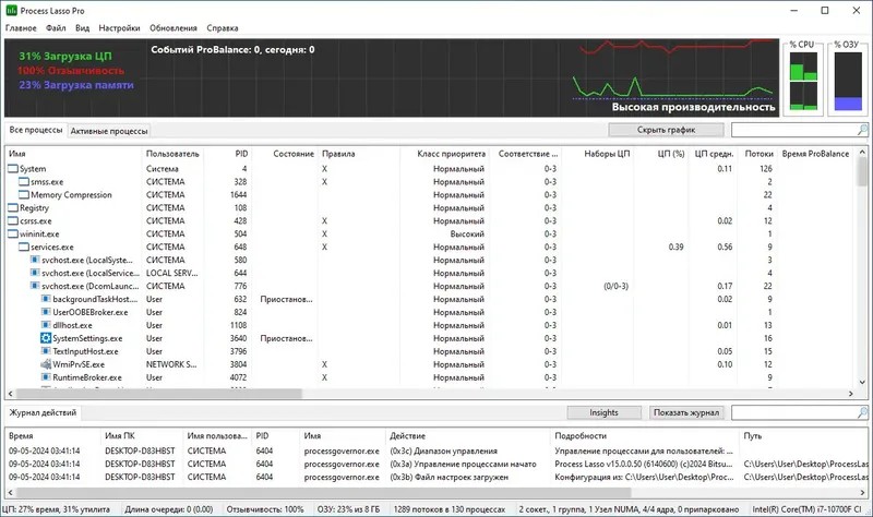 Программный интерфейс Process Lasso Pro 15.0.0.50 RePack (& Portable) by elchupacabra [Multi Ru]
