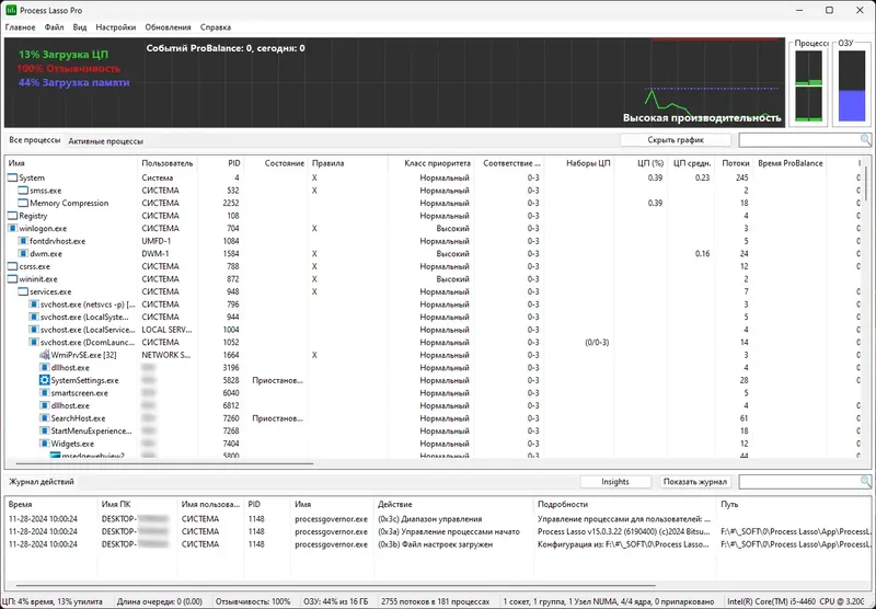 Программный интерфейс Process Lasso Pro 15.0.3.22 RePack (& Portable) by elchupacabra [Multi Ru]