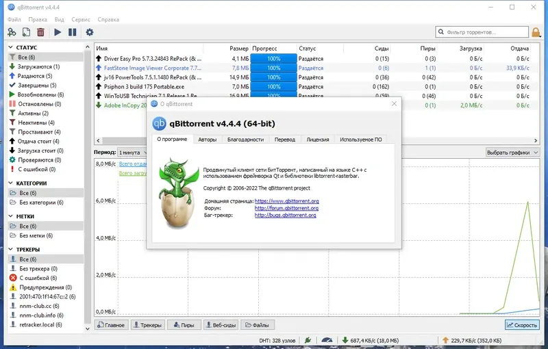 Программный интерфейс qBittorrent 4.4.4 Portable by PortableApps + Themes [Multi Ru]