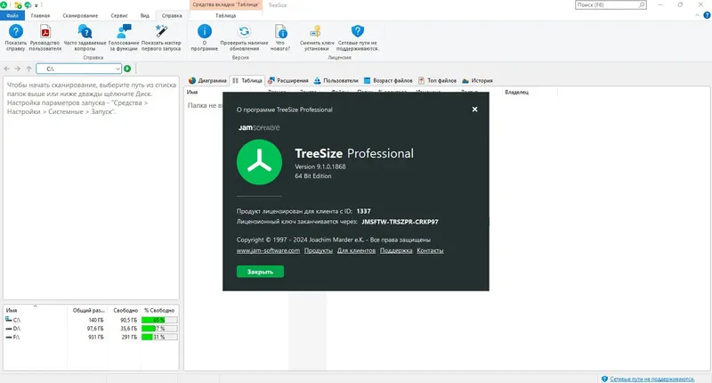 Программный интерфейс TreeSize Professional 9.1.0.1868 (x64) [Multi Ru]