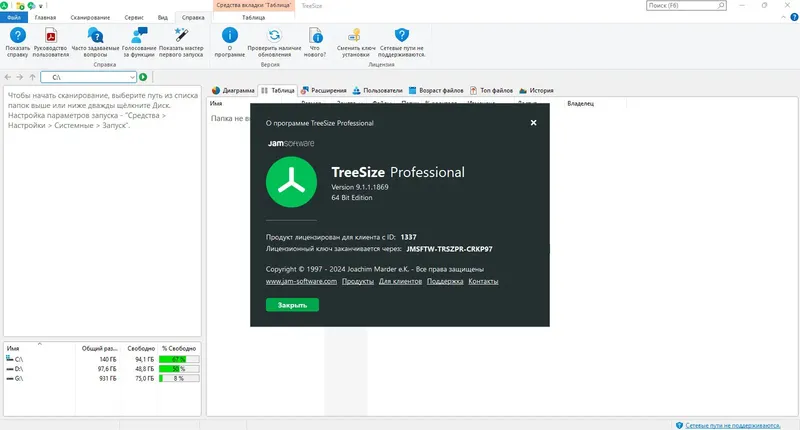 Программный интерфейс TreeSize Professional 9.1.1.1869 (x64) [Multi Ru]