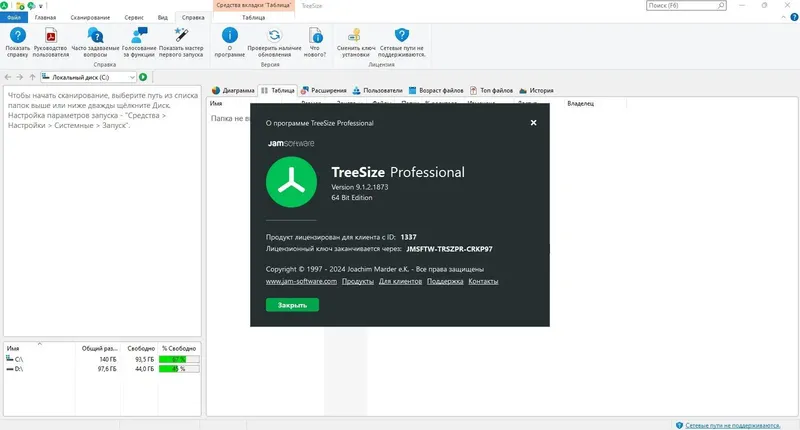 Программный интерфейс TreeSize Professional 9.1.2.1873 (x64) [Multi Ru]