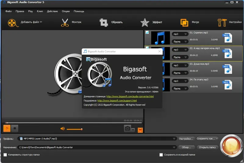 Установка Bigasoft Audio Converter 5.6.4.8366 RePack (& Portable) by TryRooM [Multi Ru]